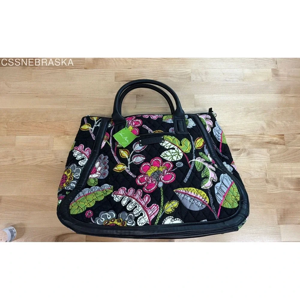 Vera Bradley Moon Blooms Quilted Trapeze Tote Bag Floral‎ Black Trim NWT